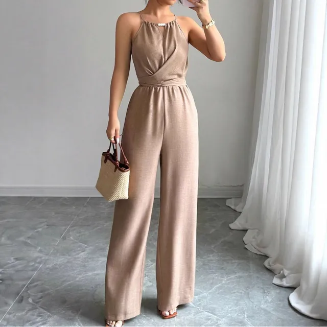 Cinched Waist Sleeveless Tie Up Halter Neck Off Shoulder Comfortable Jumpsuit Khaki - Shop at LoveMi