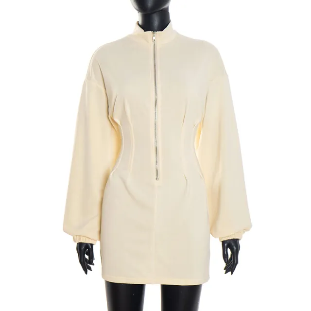 Casual Stand Collar Long Sleeve Zip Waist Sweatshirt Short Dress Apricot - Shop at LoveMi