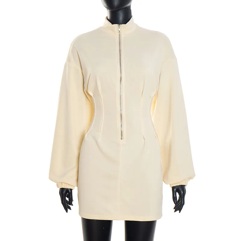 Casual Stand Collar Long Sleeve Zip Waist Sweatshirt Short Dress - Apricot