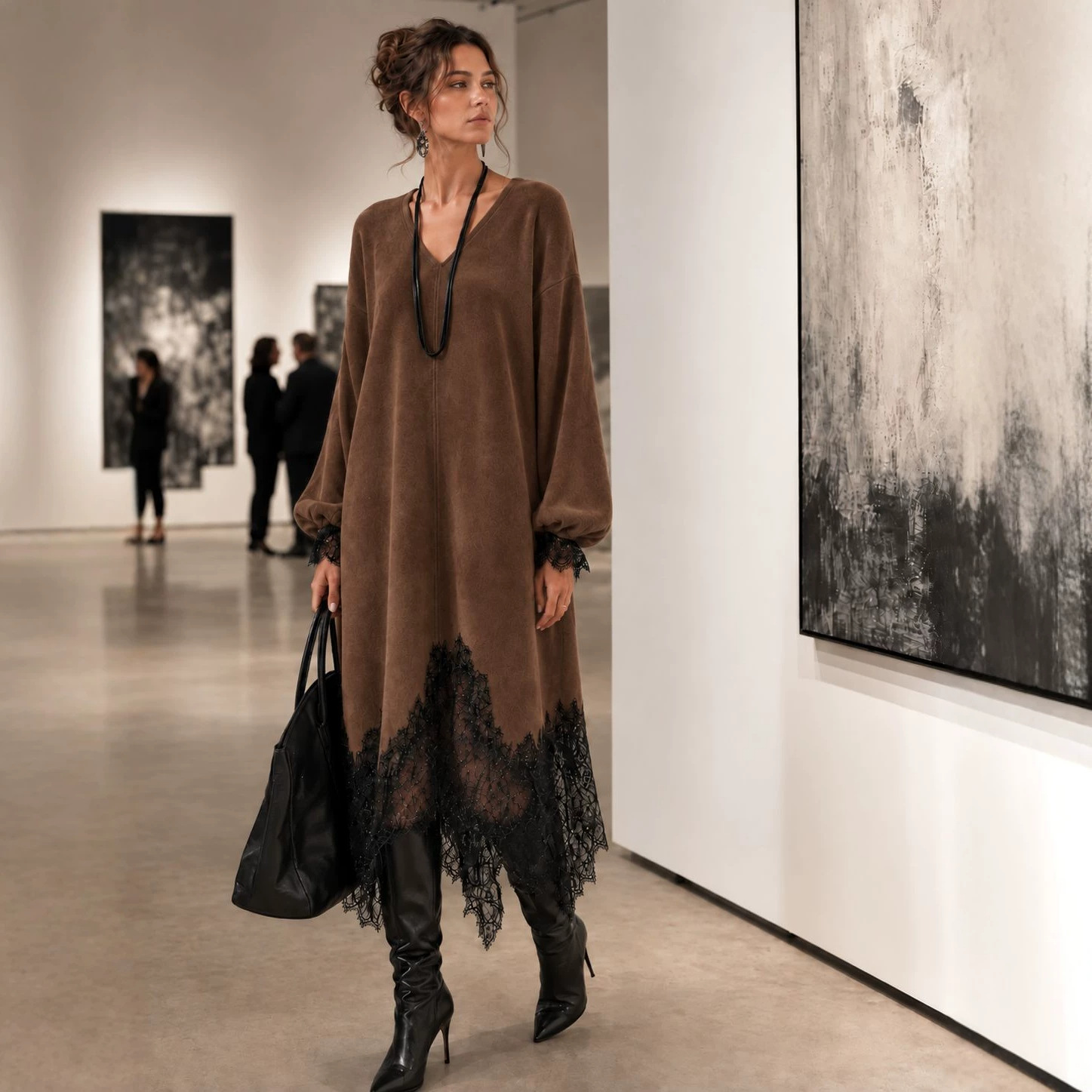 Women's Loose-Fit Suede V-Neck Dress