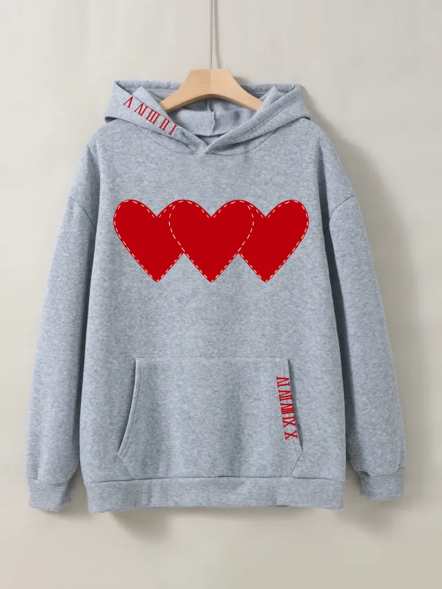 Women's Brushed Hoody Heart Shape Printed Drawstring Hoodie Gray - Shop at LoveMi