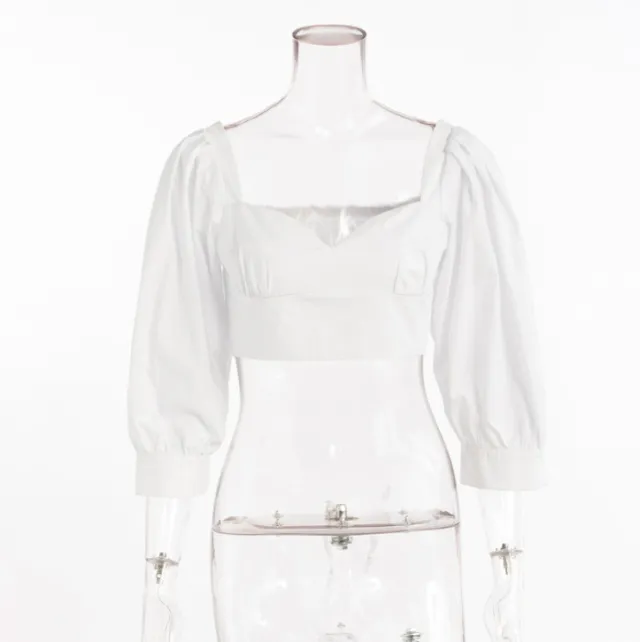 French Minority Puff Sleeve Waist tight Low cut Off shoulder T shirt White - Shop at LoveMi
