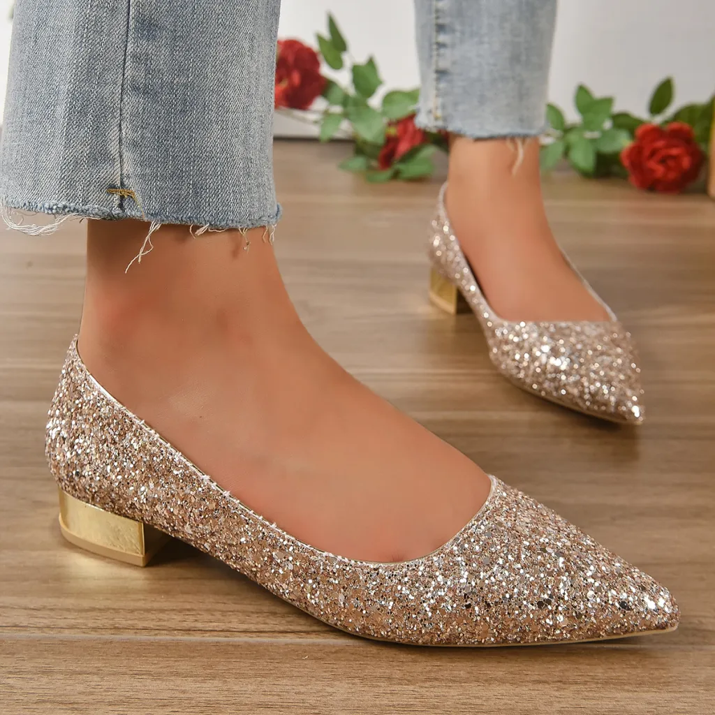 Crystal Sequins Low Heel Shoes Women - Champagne-41