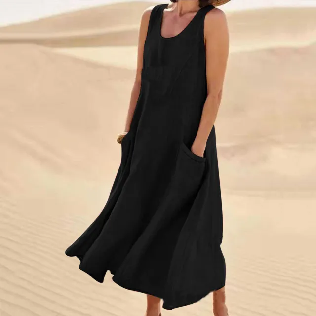 Pocket Sleeveless Round Neck Women's Cotton And Linen Dress Black - Shop at LoveMi