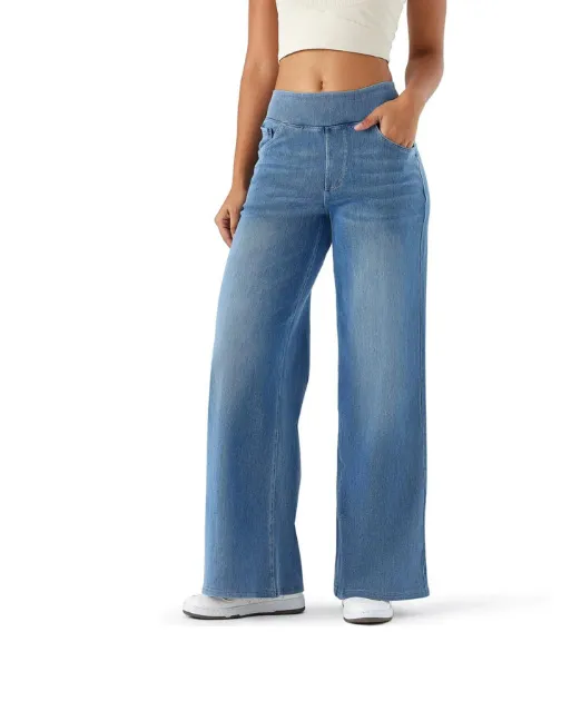 Stretch Waist Drooping Straight Pants Slimming Loose Trendy Denim Trousers Light Blue - Shop at LoveMi