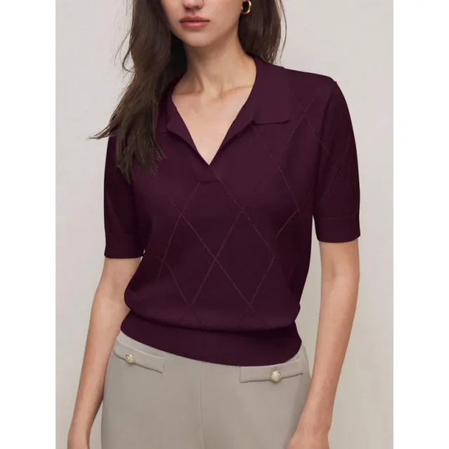 Women's Polo Neck Diamond Knit Short Sleeve Pullover Purple - Shop at LoveMi