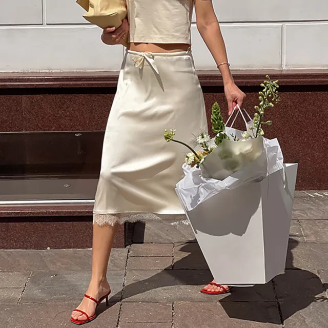 Women's Lace trimmed Midi Skirt With Lacing Apricot - Shop at LoveMi