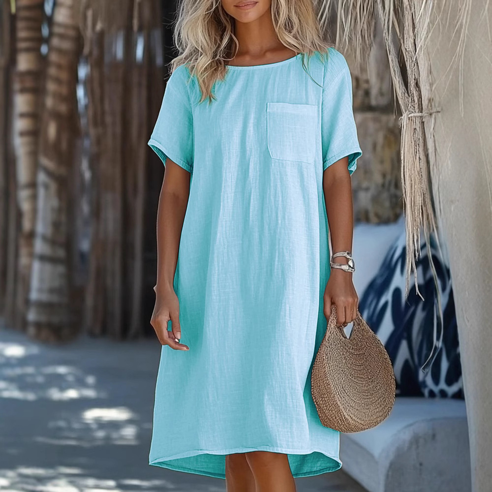 New Womens Casual Solid-color Multi-color Short-sleeve Crew-neck Pocket Dress