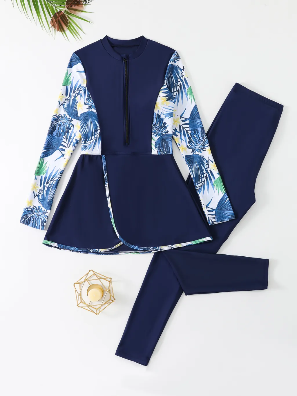 Female Split Long-sleeved Long Trousers Beach Swimsuit - Blue