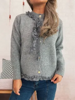Casual Cute Lace Collar Stitching Single-breasted Sweater Commuter Sweater - Grey - View 1