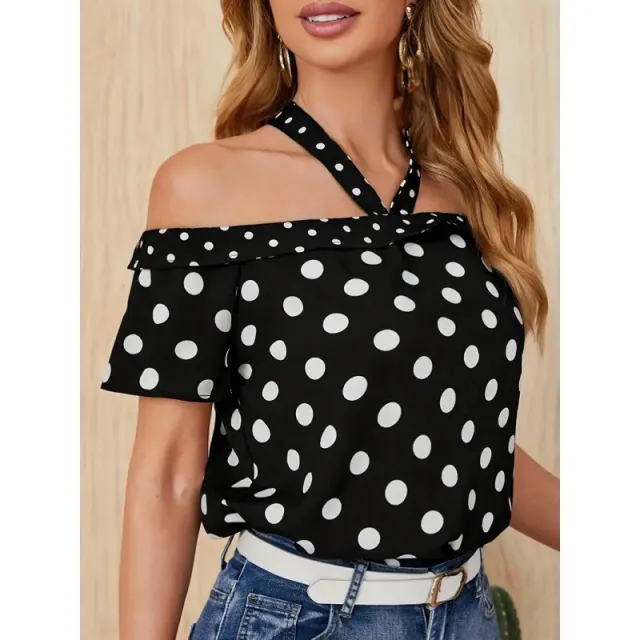 Polka Dot Off shoulder Ribbon Halter Shirt Top For Women Floral 1 - Shop at LoveMi