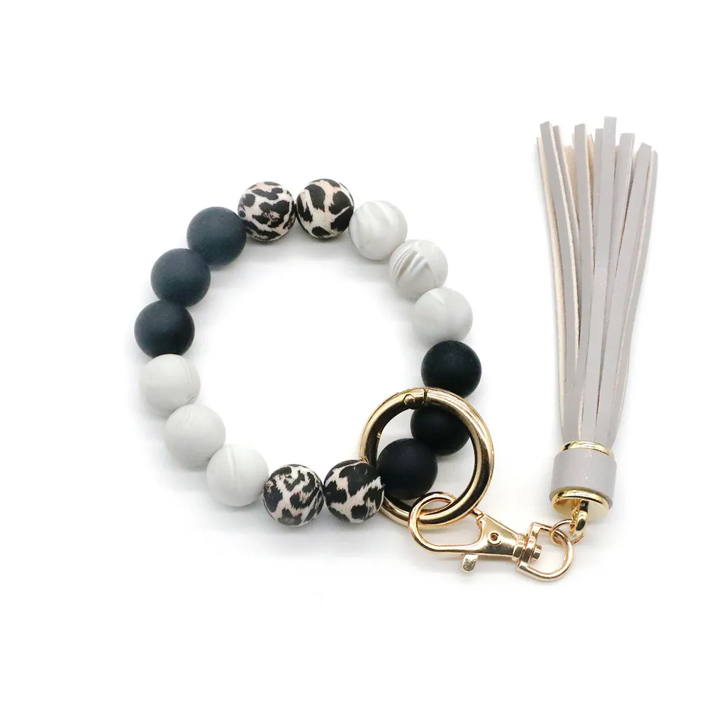 Tassel Camouflage Silicone Beads Bracelet Keychain - Gray