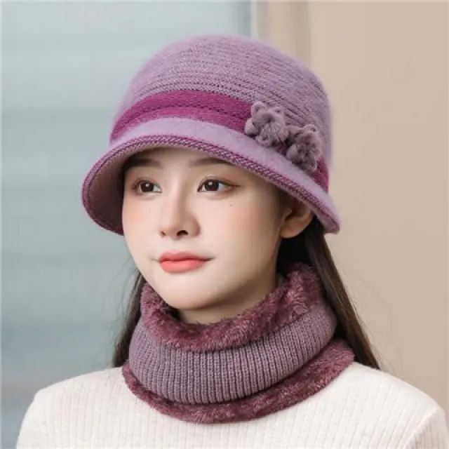 Knitted Rabbit Wool Old Lady Hat Taro Color Suit Hat Scarf - Shop at LoveMi