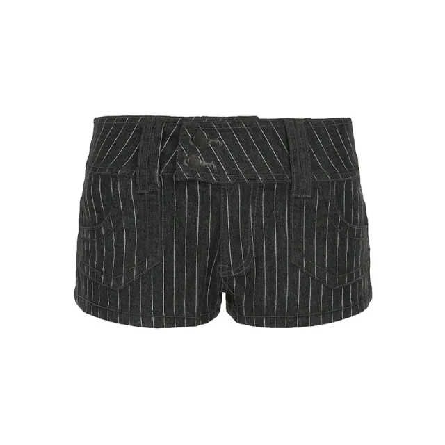 American Street Style Striped Contrast Color Denim Shorts Low Waist Double Breasted Gray - Shop at LoveMi