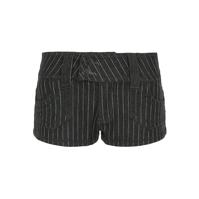 American Street Style Striped Contrast Color Denim Shorts Low Waist Double Breasted - Gray
