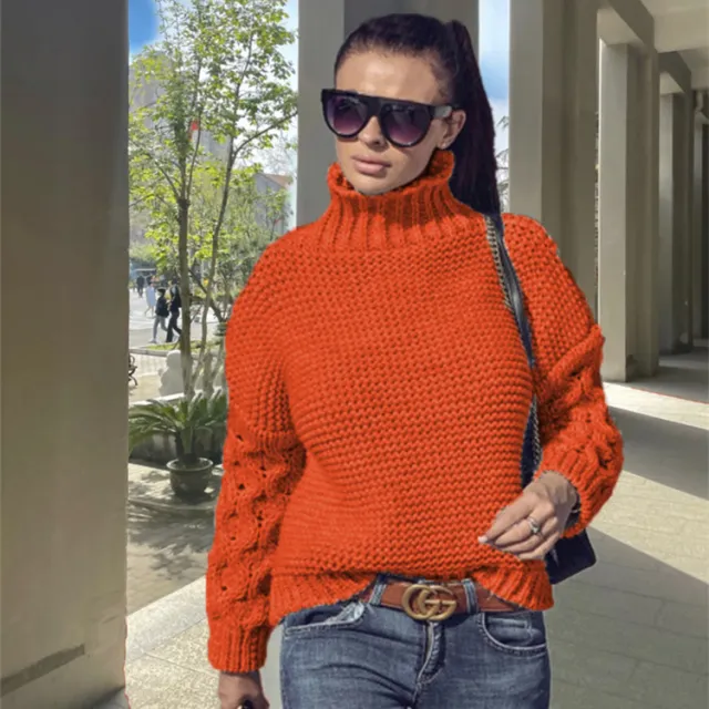 Loose Cable knit Solid Color Turtleneck Sweater For Women Orange - Shop at LoveMi