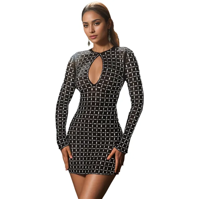 Fashion Women's Wear Sexy Backless Rhinestone Long Sleeve Dress Black - Shop at LoveMi