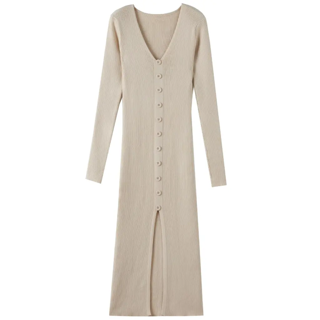 Slim Fit Slit Slimming Elegant Single-breasted Knitted Sheath Dress - Beige