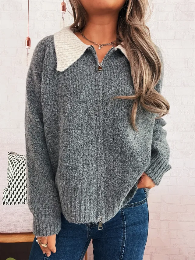 Cute Doll Collar Contrast Color Long Sleeves Zipper Casual Sweater Dark Gray - Shop at LoveMi