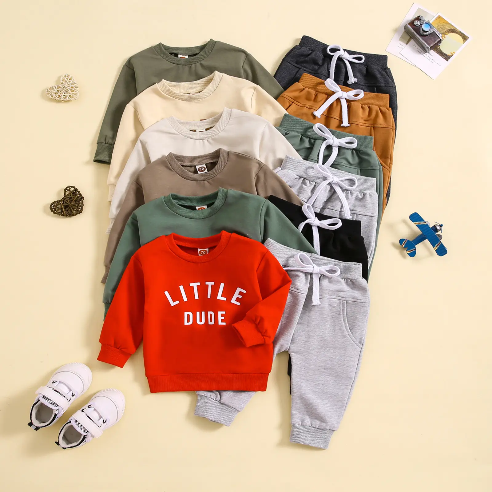 Children's Round Neck Letter Print Top Solid Color Trousers Two-piece Set