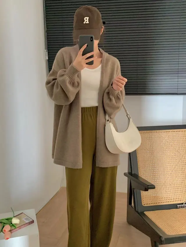 Soft Glutinous Lazy Sweater Coat Loose Design Temperament Mid length Knitted Cardigan Mocha Color - Shop at LoveMi