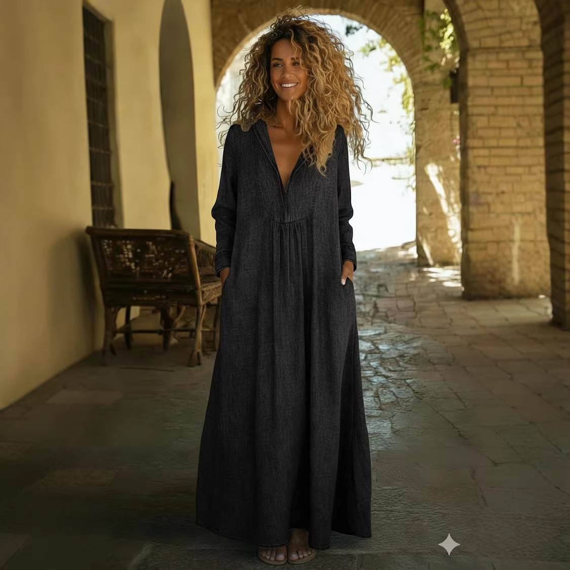 Loose And Comfortable V-neck Denim Maxi Dress With Pockets