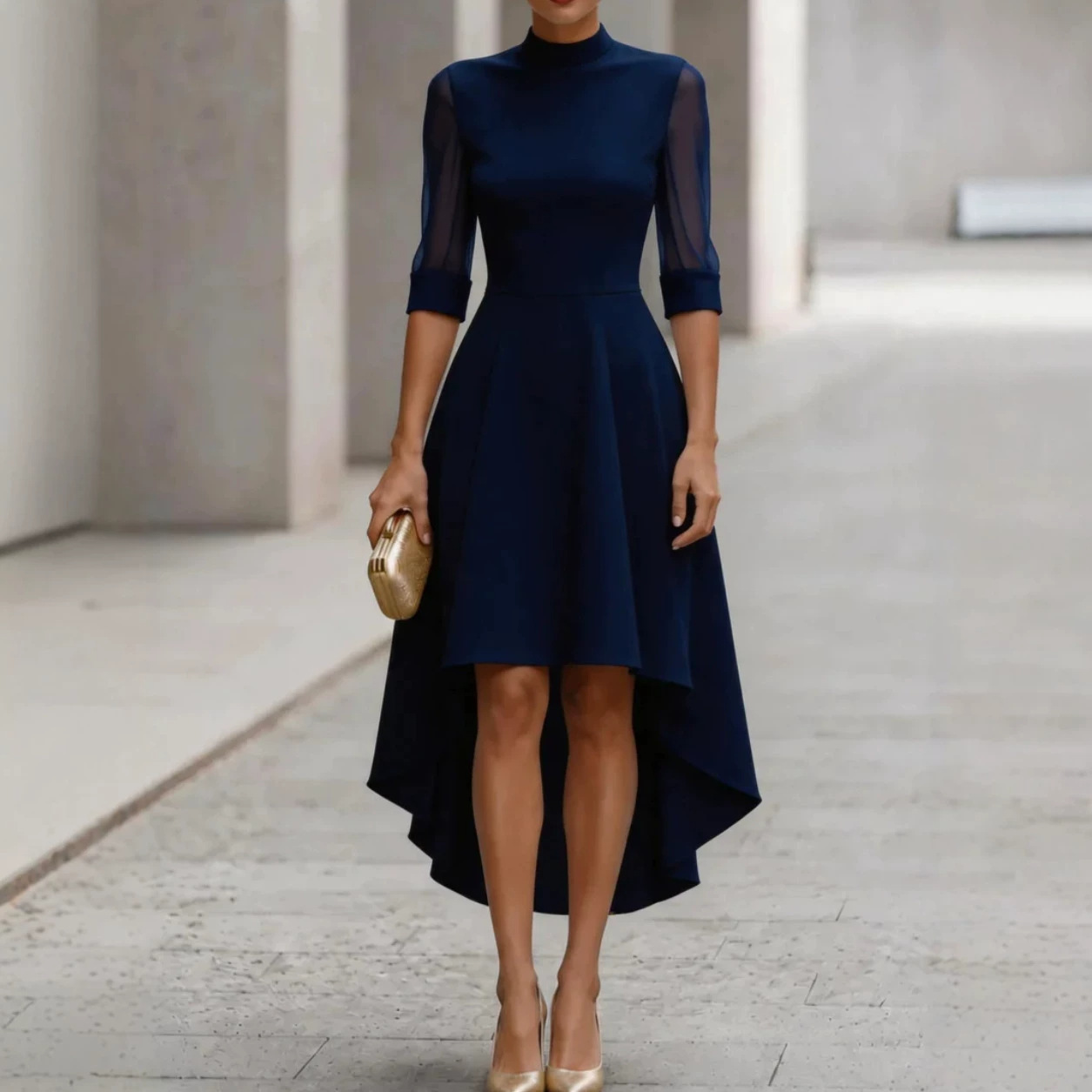 Womens Casual Midi-Sleeve Mesh Dress product image