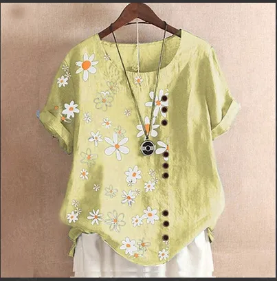 Vintage Cotton Linen Daisy Loose Casual Shirt Short Sleeve Women Yellow - Shop at LoveMi