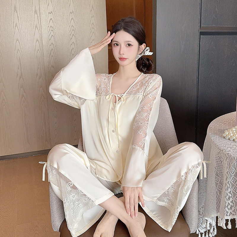 Women's Long sleeved Ice Silk Pajamas Lace Suit White - Shop at LoveMi