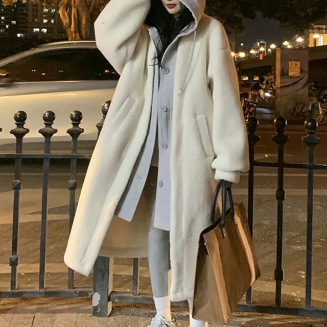 Long Hooded Dress Coat Lambswool All match Loose Fashionable Jacket Apricot - Shop at LoveMi