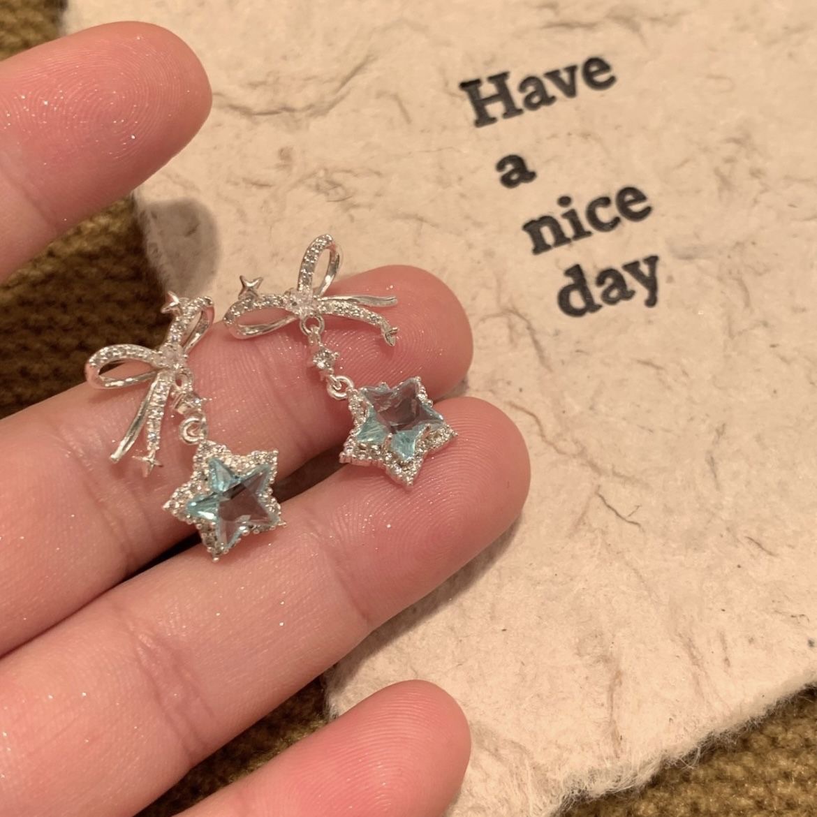 Full Diamond Blue Star Ear Studs Women