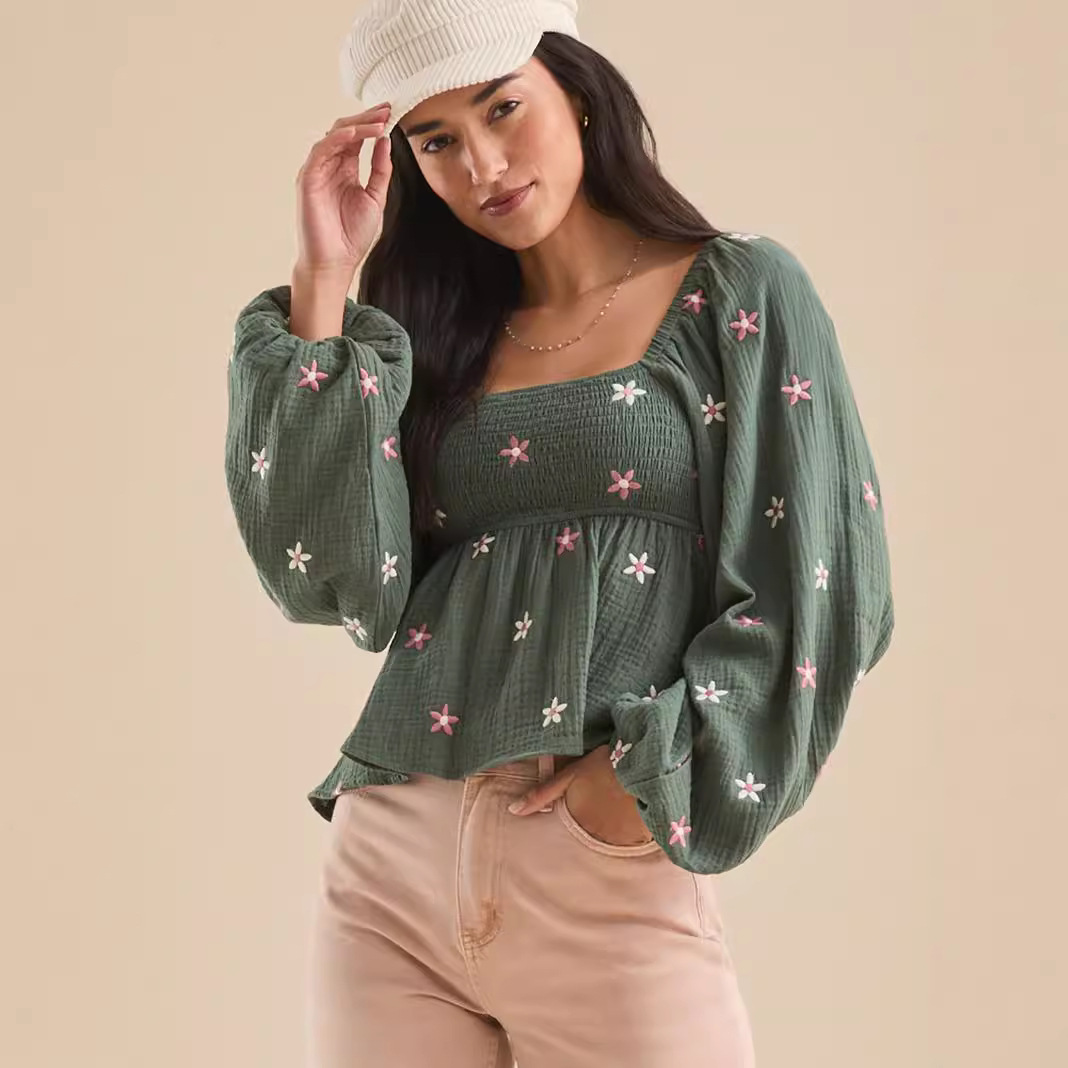 Loose-fitting Embroidered Top With Puff Sleeves Womens Clothing — image 1