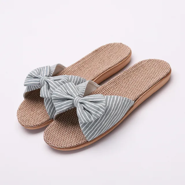 Women's Cotton Linen Slippers With Striped Bow Green - Shop at LoveMi