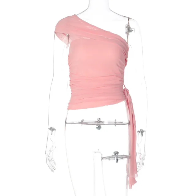 Solid color Off shoulder Top With A Tie dye Ribbon Design For A Spicy Pink - Shop at LoveMi