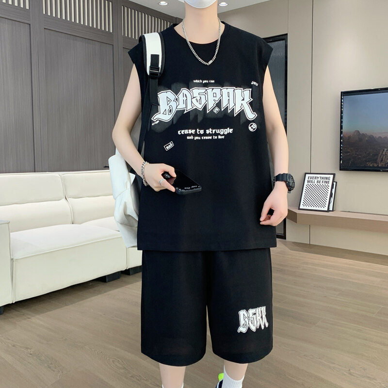 Hong Kong Style Youth Casual Suit Men's Summer Thin Sleeveless Vest Cropped Pants