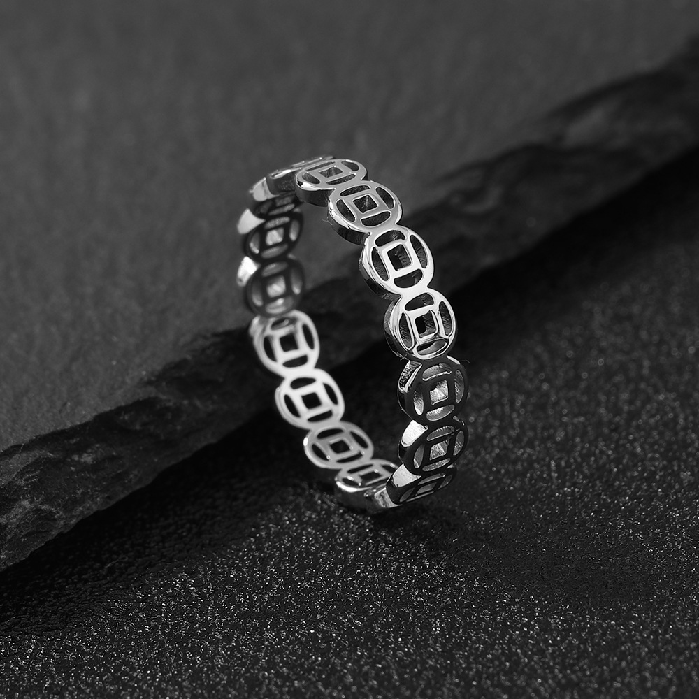 Stainless Steel Hollow Lucky Copper Coin Index Finger Ring Retro Couple Ring