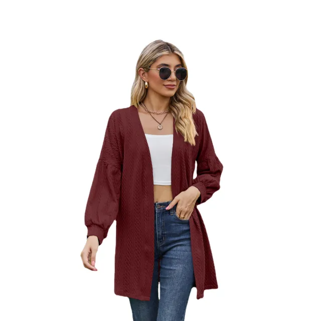 Long Sleeve Solid Color Loose Cardigan Top Women's Knitting Coat Wine - Shop at LoveMi