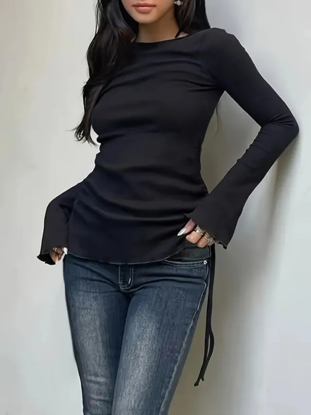 European And American Instagram style Pure Yet Alluring Lace up Minimalist Long sleeve Drawstring Top Black - Shop at LoveMi