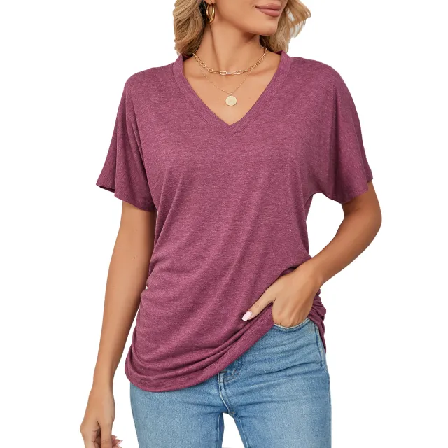 Leisure Pullover V neck Solid Color Loose T shirt Women's Top Red - Shop at LoveMi