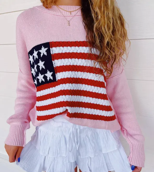 Five pointed Star Striped Long sleeved Sweater Off the shoulder Coat Pink - Shop at LoveMi