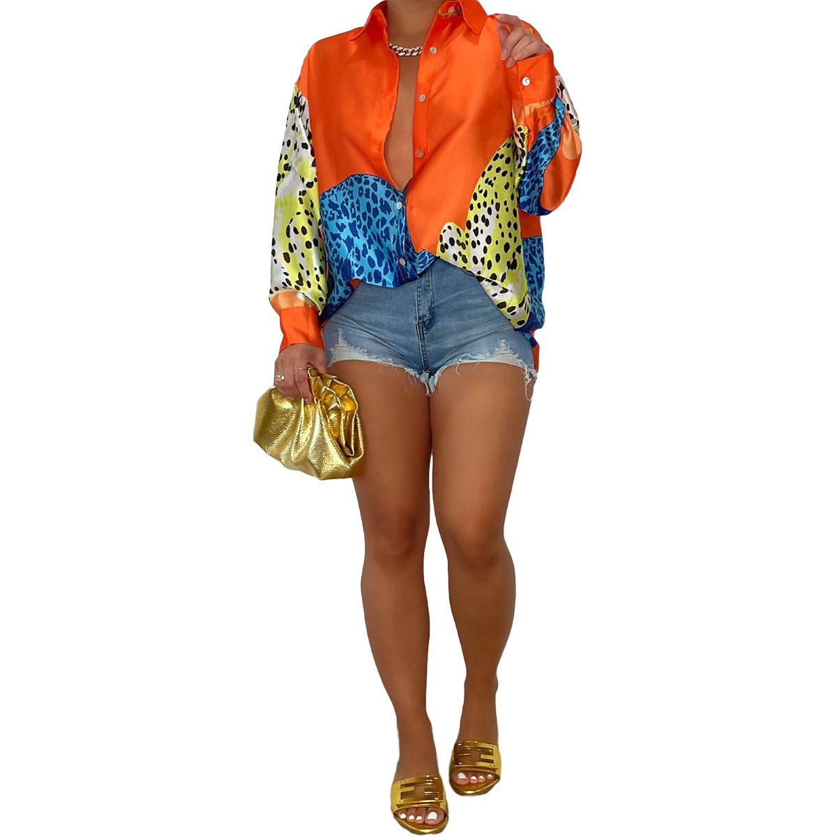 Spring And Summer Leopard Positioning Burning Button Shirt Dress Orange - Shop at LoveMi