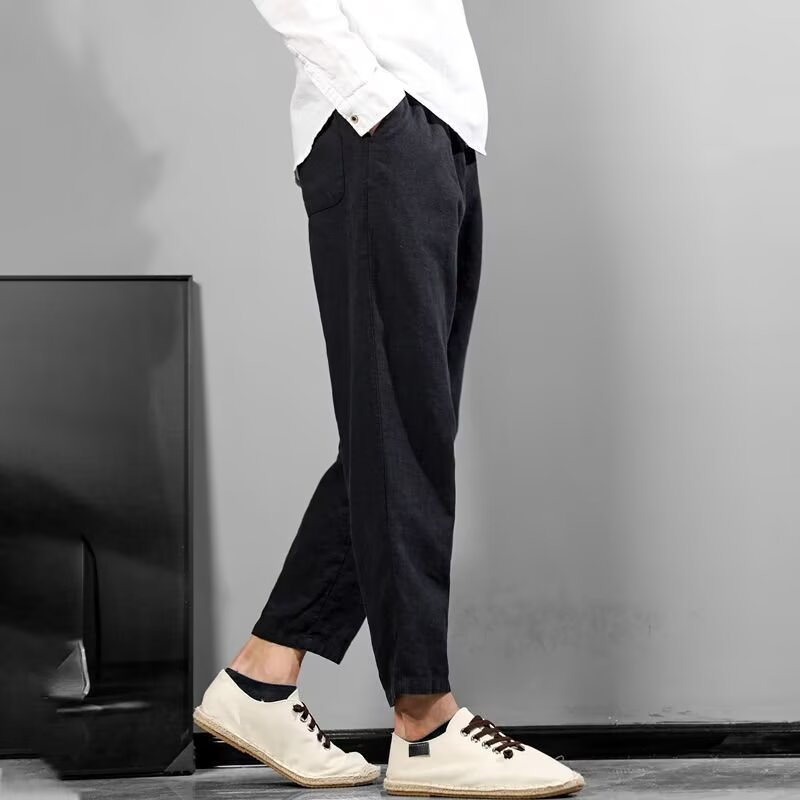 Mens Linen-Cotton Casual All-Match Solid-Color Pants