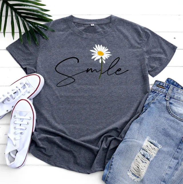 Women's Fashion Casual Daisy Print Short Sleeve T shirt Top Gray - Shop at LoveMi