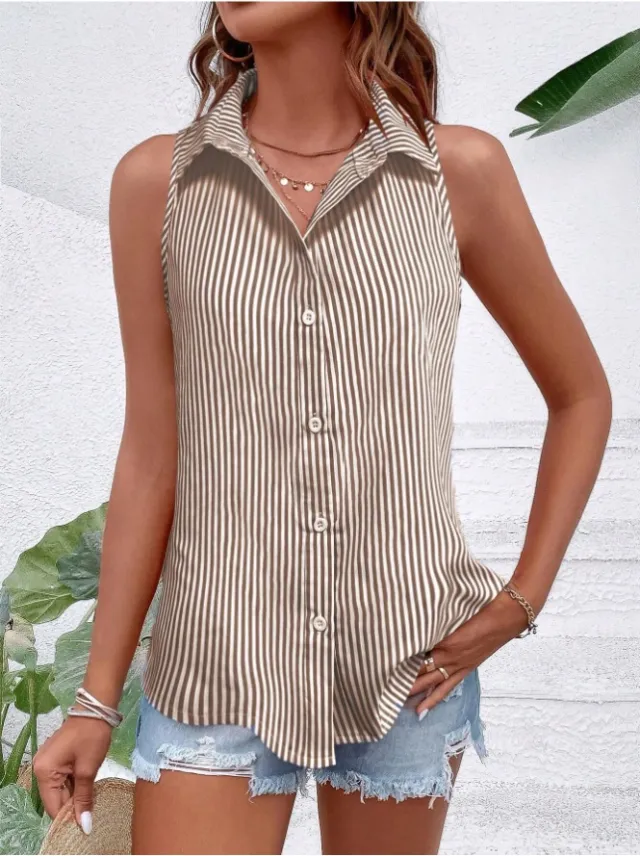 Womens Loose Casual Striped Printed Sleeveless Shirt Brown - Shop at LoveMi