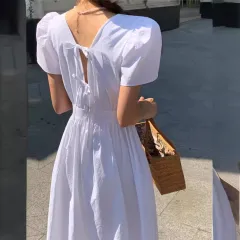 Sweet Sneaky Design Backless Lace-up Puff Sleeve Long Dress Women - White - View 1