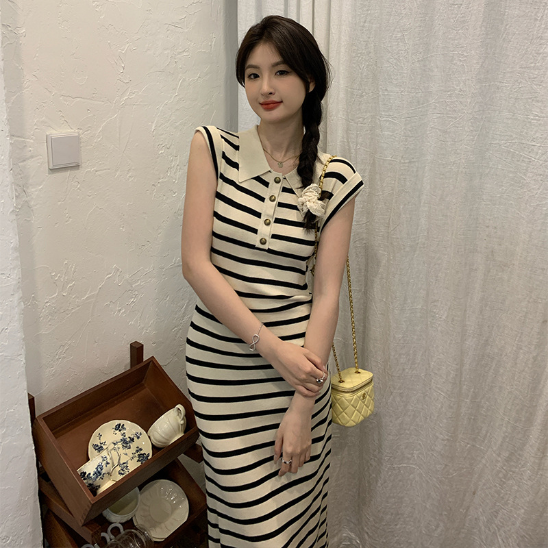 French High end Knitted Dress For Women Apricot Strip Beige - Shop at LoveMi