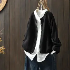 Women's Knitted Cardigan Coat Retro Loose Casual Sweater - Black - View 1