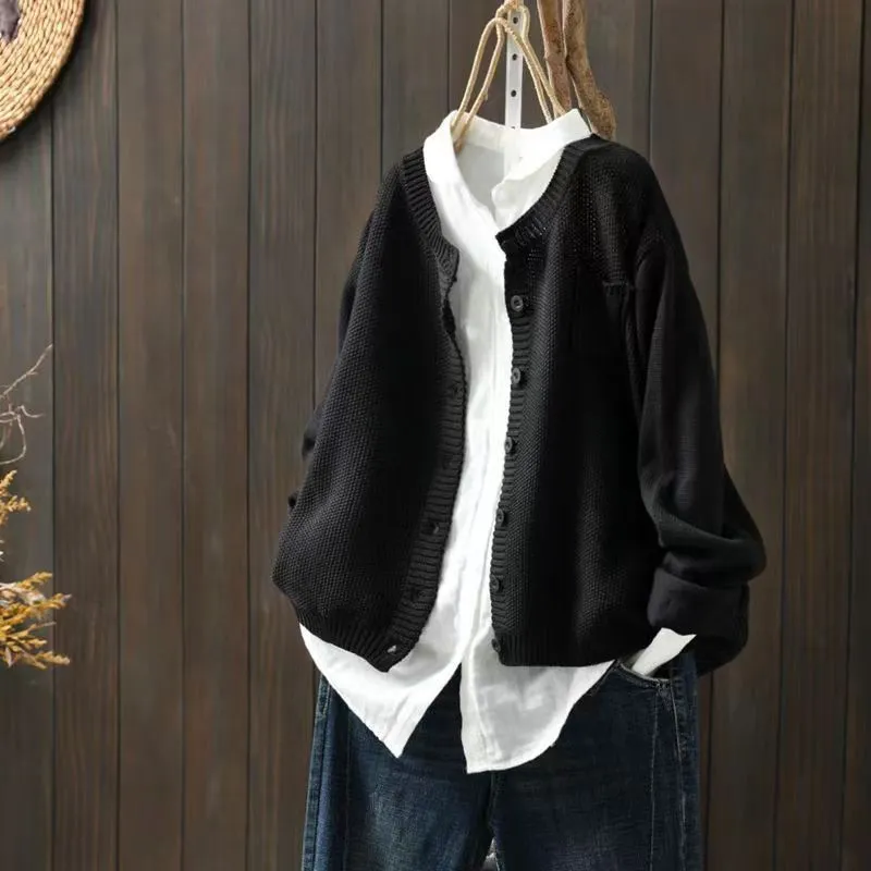 Women's Knitted Cardigan Coat Retro Loose Casual Sweater - Black