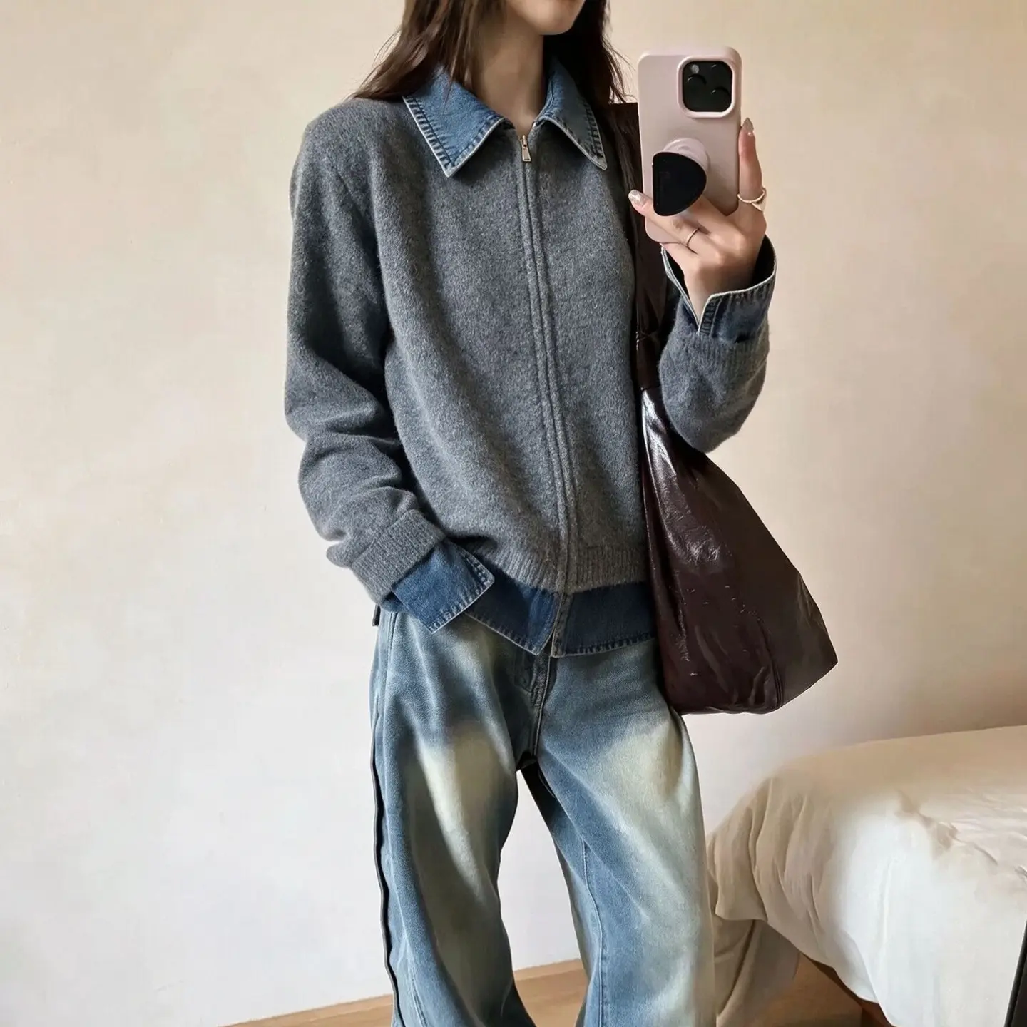 Notch-collar Denim Patchwork Womens Loose Casual Long-Sleeve
