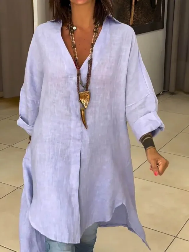 Summer Women's Casual Cotton Linen Slit Loose Shirt Dress Light Purple - Shop at LoveMi